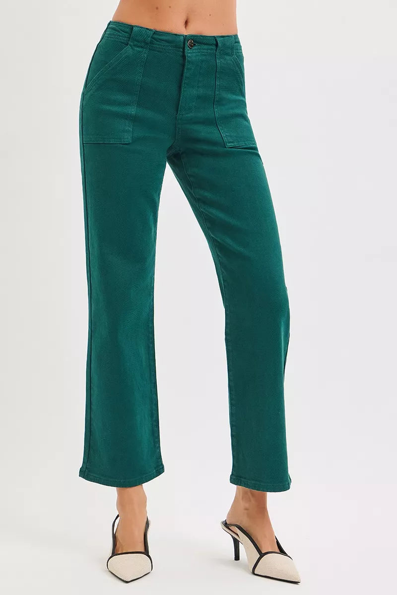 Risen High Rise Ankle Flare Patch Pocket Jeans in HUNTER GREEN view 3 - High-Waisted - Rise High Jeans (bottom)