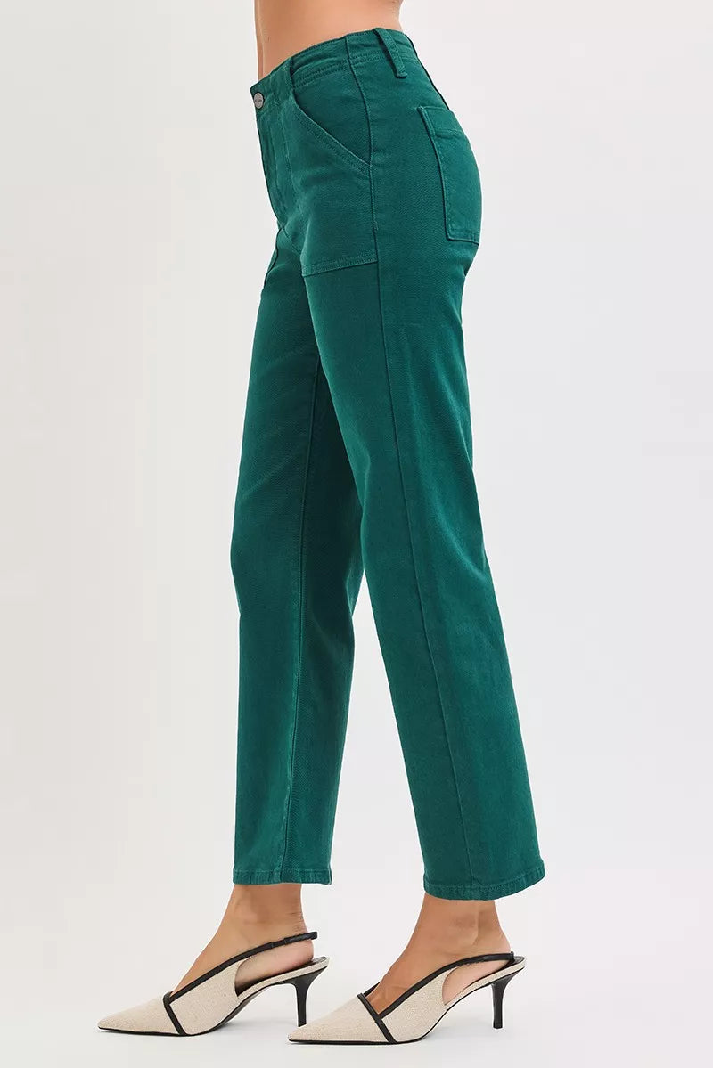 Risen High Rise Ankle Flare Patch Pocket Jeans in HUNTER GREEN view 4 - High-Waisted - Rise High Jeans (bottom)