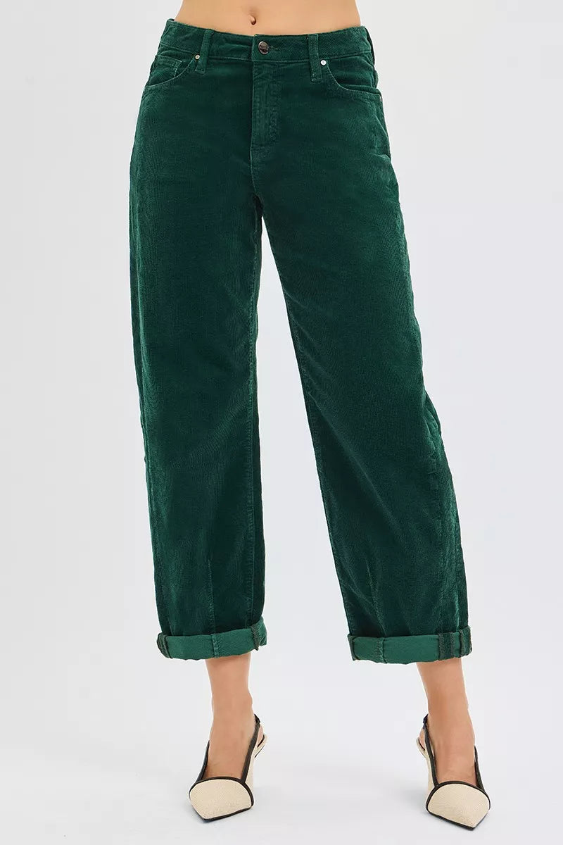 Risen High Rise Crop Barrel Cordurory Pants in HUNTER GREEN - High-Waisted - Rise High Pants (bottom)