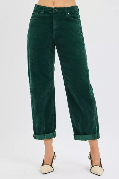 Risen High Rise Crop Barrel Cordurory Pants in HUNTER GREEN - High-Waisted - Rise High Pants (bottom)