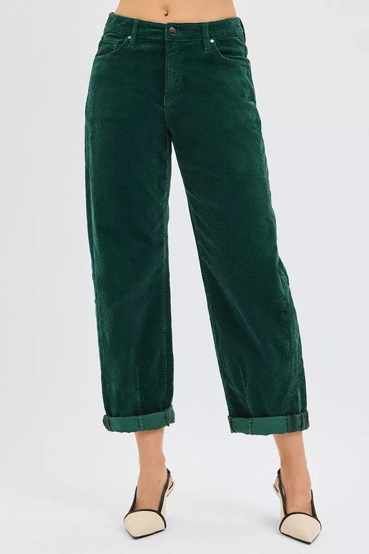 Risen High Rise Crop Barrel Cordurory Pants in HUNTER GREEN - High-Waisted - Rise High Pants (bottom)