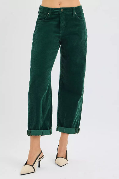 Risen High Rise Crop Barrel Cordurory Pants in HUNTER GREEN view 2 - High-Waisted - Rise High Pants (bottom)