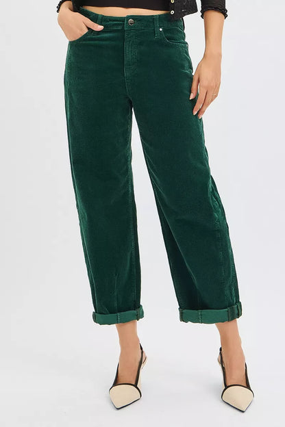 Risen High Rise Crop Barrel Cordurory Pants in HUNTER GREEN view 3 - High-Waisted - Rise High Pants (bottom)
