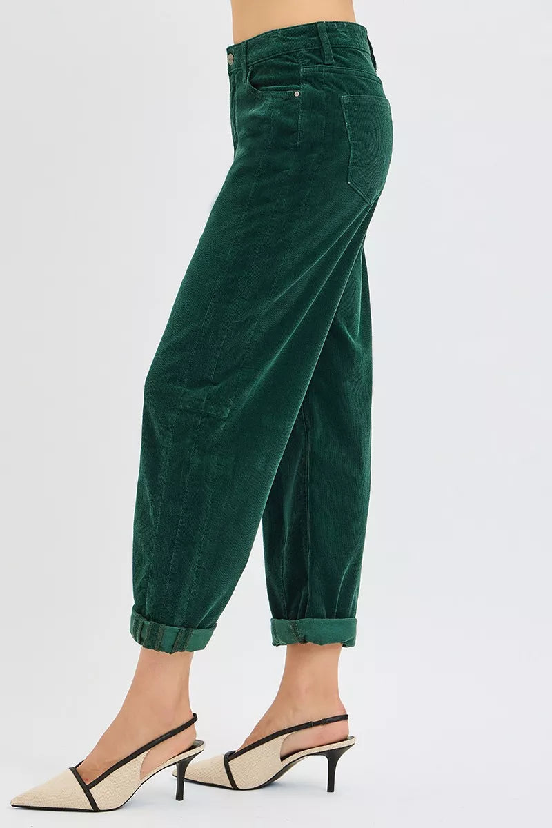 Risen High Rise Crop Barrel Cordurory Pants in HUNTER GREEN view 4 - High-Waisted - Rise High Pants (bottom)