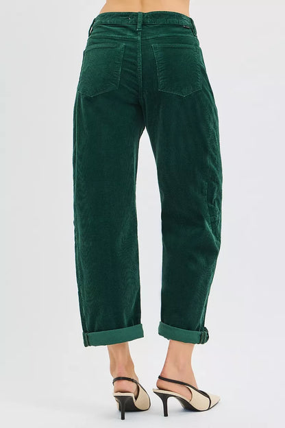 Risen High Rise Crop Barrel Cordurory Pants in HUNTER GREEN view 5 - High-Waisted - Rise High Pants (bottom)