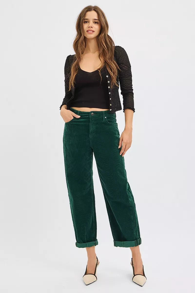 Risen High Rise Crop Barrel Cordurory Pants in HUNTER GREEN view 6 - High-Waisted - Rise High Pants (bottom)
