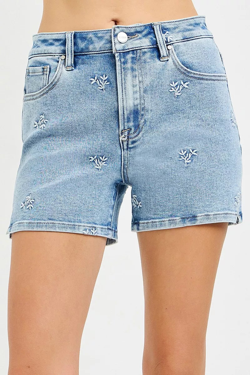 Risen High Rise Denim Shorts with Embroidered Detail in LIGHT - High-Waisted - High Rise Detailing (bottom)