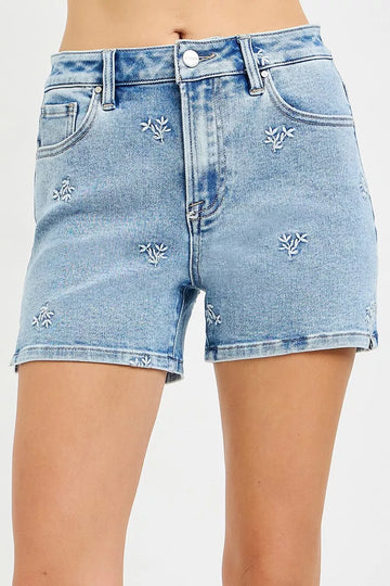Risen High Rise Denim Shorts with Embroidered Detail in LIGHT - High-Waisted - High Rise Detailing (bottom)