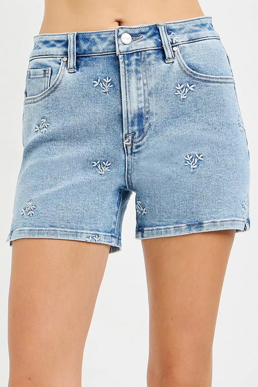 Risen High Rise Denim Shorts with Embroidered Detail in LIGHT - High-Waisted - High Rise Detailing (bottom)