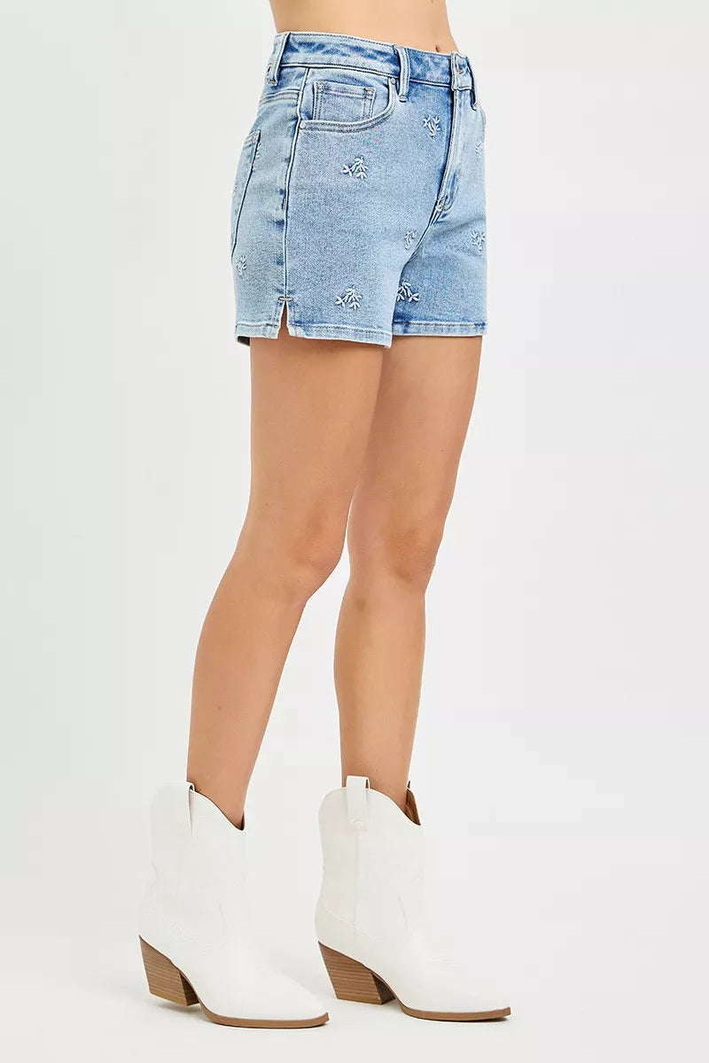 Risen High Rise Denim Shorts with Embroidered Detail view 4 - High-Waisted - High Rise Detailing (bottom)