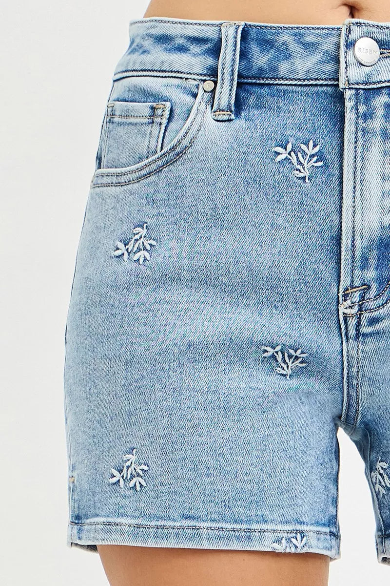 Risen High Rise Denim Shorts with Embroidered Detail view 7 - High-Waisted - High Rise Detailing (bottom)