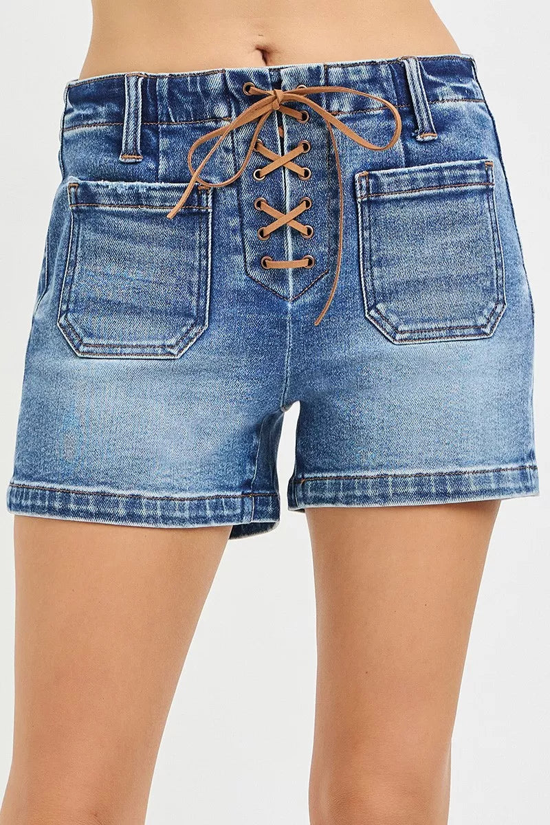 Risen High Rise Front Tie up Shorts with Patch Pockets in MEDIUM - High-Waisted - High Rise Pocket Jeans For Women