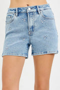 Risen High Rise Denim Shorts with Embroidered Detail LIGHT (bottom) - high rise detailing, risen summar - shop at us.meeeshop
