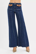 Risen High Rise Wide Flare Jeans with Front Leather Pocket Detail DARK (bottom) - rise high jeans, high - shop at us.meeeshop