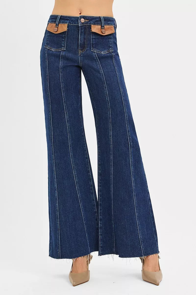 Risen High Rise Wide Flare Jeans with Front Leather Pocket Detail in DARK - High-Waisted - Rise High Jeans (bottom)