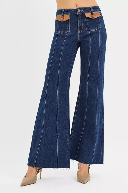 Risen High Rise Wide Flare Jeans with Front Leather Pocket Detail in DARK view 2 - High-Waisted - Rise High Jeans