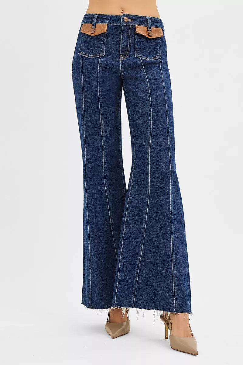 Risen High Rise Wide Flare Jeans with Front Leather Pocket Detail in DARK view 3 - High-Waisted - Rise High Jeans
