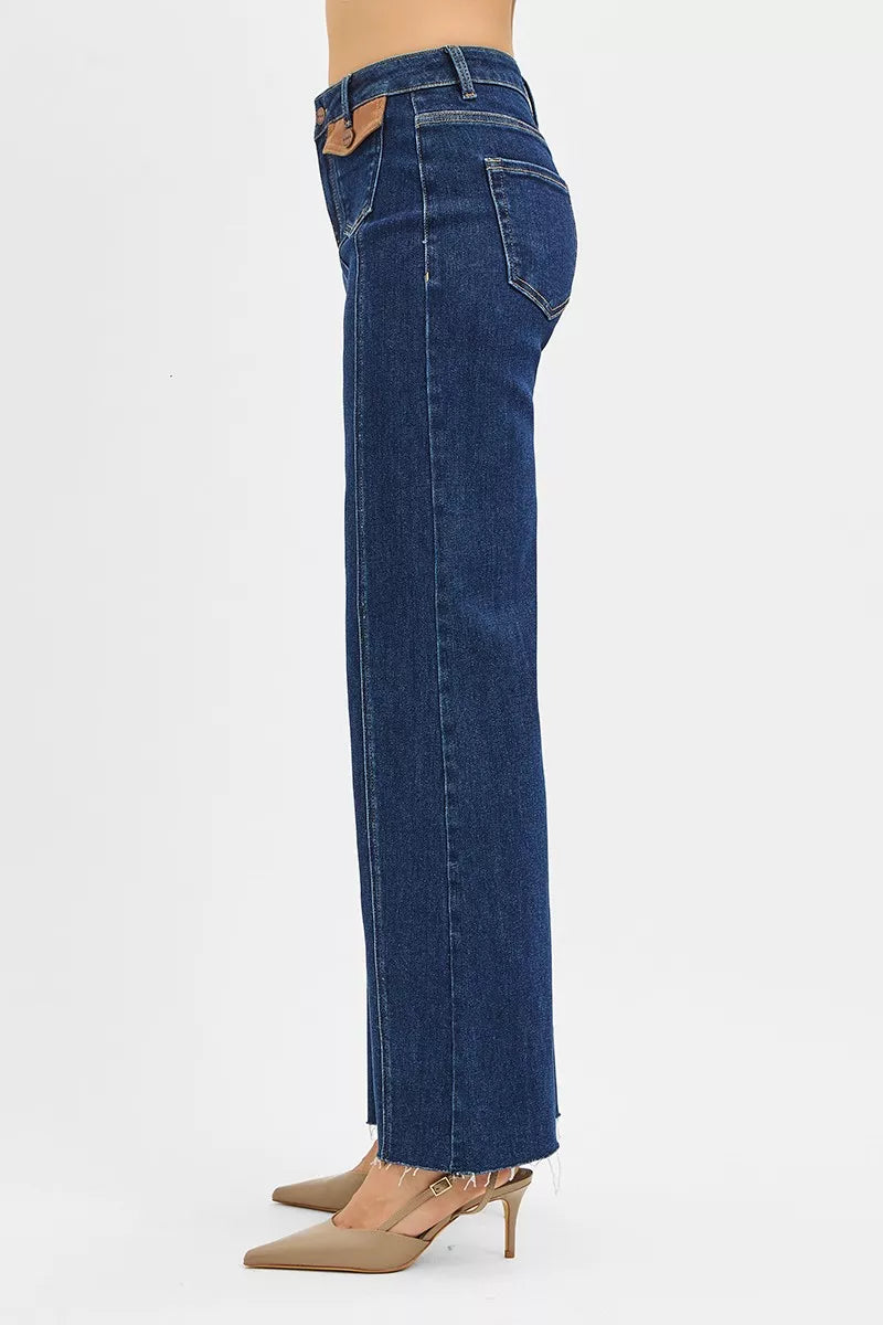 Risen High Rise Wide Flare Jeans with Front Leather Pocket Detail in DARK view 4 - High-Waisted - Rise High Jeans