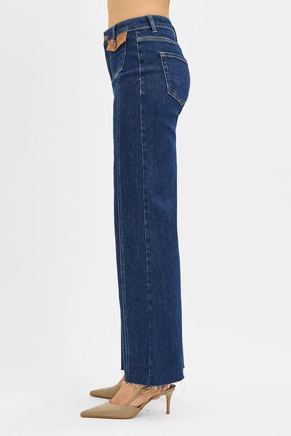 Risen High Rise Wide Flare Jeans with Front Leather Pocket Detail in DARK view 4 - High-Waisted - Rise High Jeans
