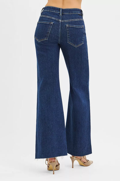 Risen High Rise Wide Flare Jeans with Front Leather Pocket Detail in DARK view 5 - High-Waisted - Rise High Jeans