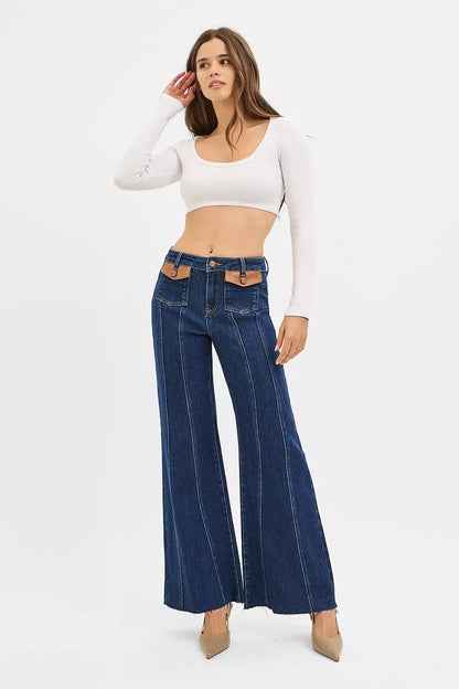 Risen High Rise Wide Flare Jeans with Front Leather Pocket Detail in DARK view 6 - High-Waisted - Rise High Jeans