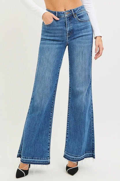 Risen High Rise Wide Leg Jeans with Released Hem - MeeeShop Women's Fashion