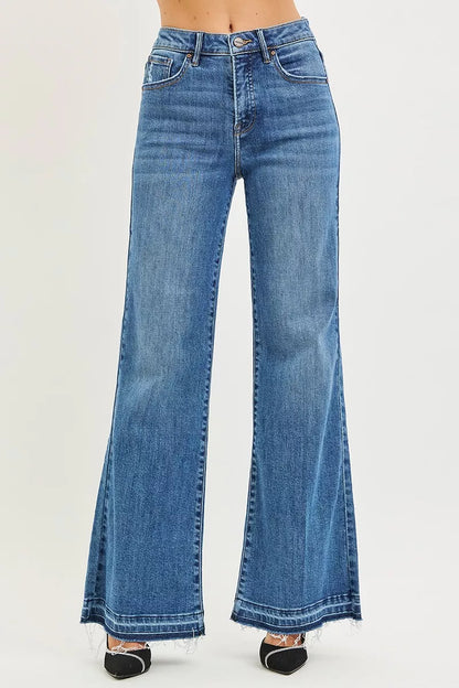 Risen High Rise Wide Leg Jeans with Released Hem - MeeeShop Women's Fashion