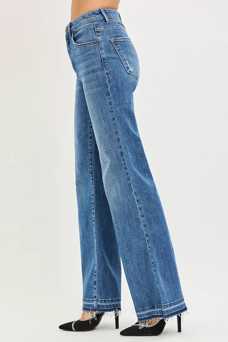 Risen High Rise Wide Leg Jeans with Released Hem - MeeeShop Women's Fashion