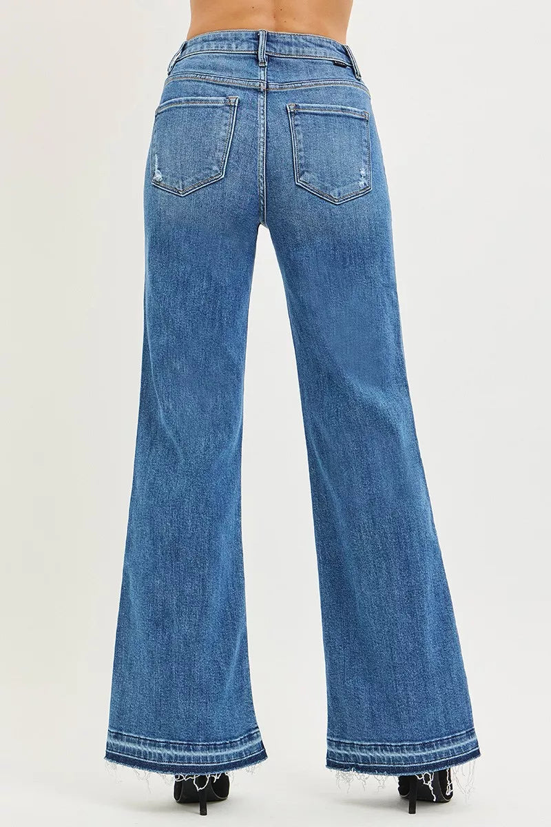 Risen High Rise Wide Leg Jeans with Released Hem - MeeeShop Women's Fashion