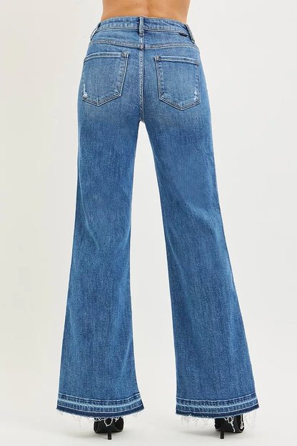 Risen High Rise Wide Leg Jeans with Released Hem - MeeeShop Women's Fashion
