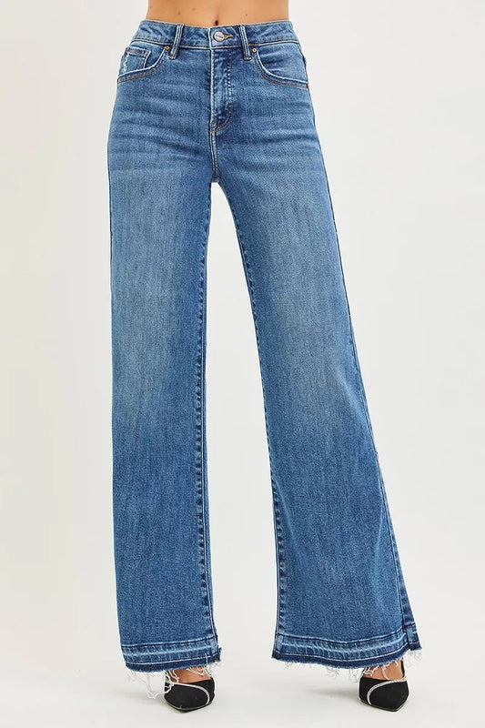 Risen High Rise Wide Leg Jeans with Released Hem in MEDIUM - High-Waisted - Rise High Jeans (bottom)