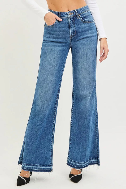Risen High Rise Wide Leg Jeans with Released Hem in MEDIUM view 2 - High-Waisted - Rise High Jeans (bottom)