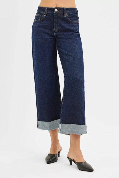 Risen Mid Rise Fit Ankle Wide Roll up Jeans - MeeeShop Women's Fashion