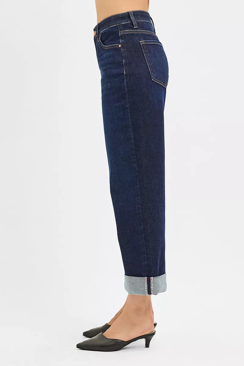 Risen Mid Rise Fit Ankle Wide Roll up Jeans - MeeeShop Women's Fashion