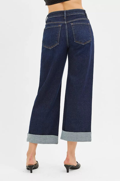 Risen Mid Rise Fit Ankle Wide Roll up Jeans - MeeeShop Women's Fashion