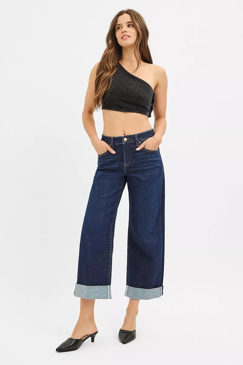 Risen Mid Rise Fit Ankle Wide Roll up Jeans - MeeeShop Women's Fashion