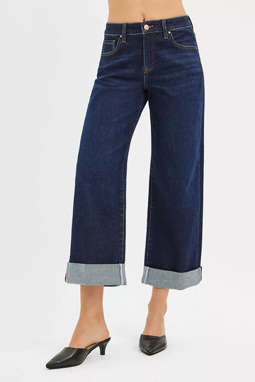 Risen Mid Rise Fit Ankle Wide Roll up Jeans in DARK - Rise Mid Jeans (bottom)