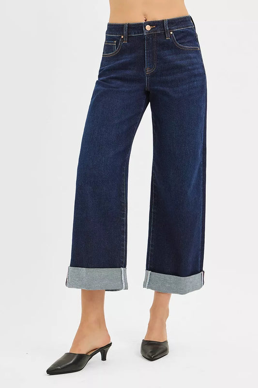 Risen Mid Rise Fit Ankle Wide Roll up Jeans in DARK - Rise Mid Jeans (bottom)