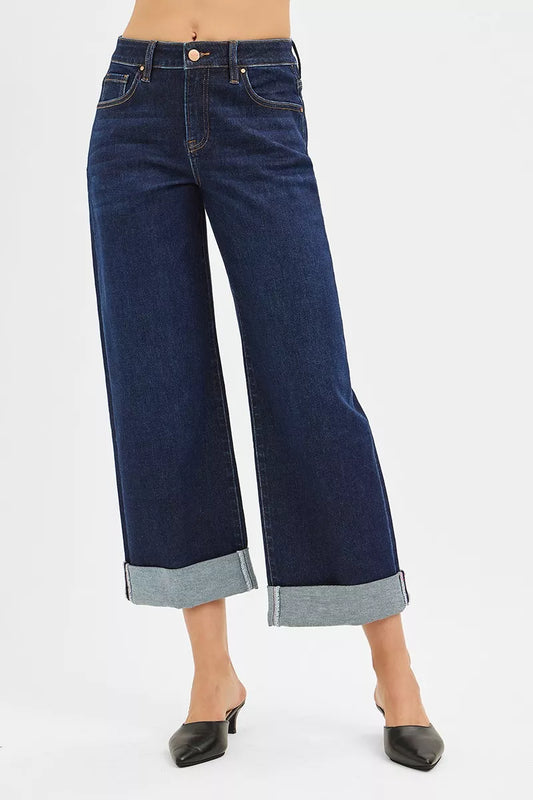 Risen Mid Rise Fit Ankle Wide Roll up Jeans in DARK view 2 - Rise Mid Jeans (bottom)