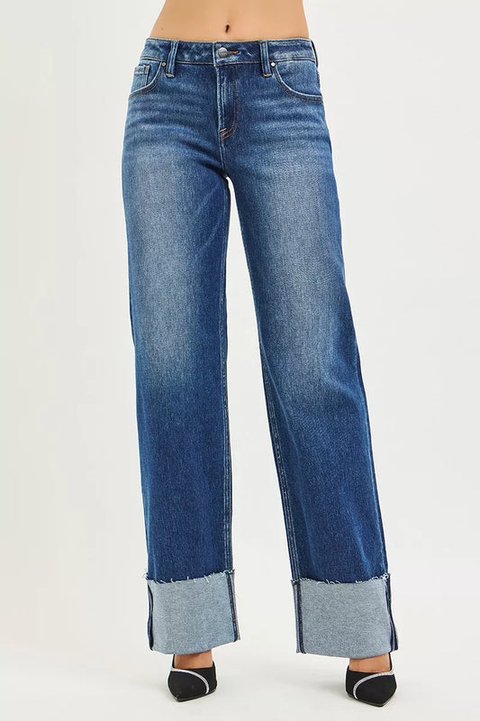 Risen Mid Rise Wide Straight Jeans with Wide Cuff in DARK - Rise Mid Jeans (bottom)