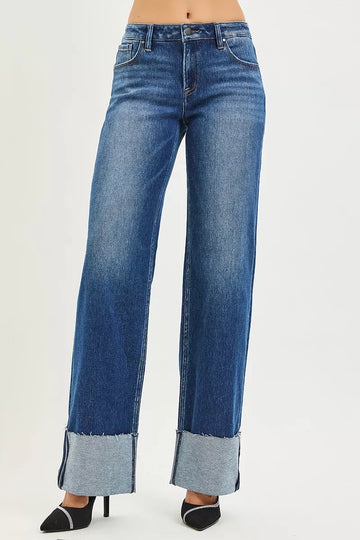 Risen Mid Rise Wide Straight Jeans with Wide Cuff in DARK view 2 - Rise Mid Jeans (bottom)