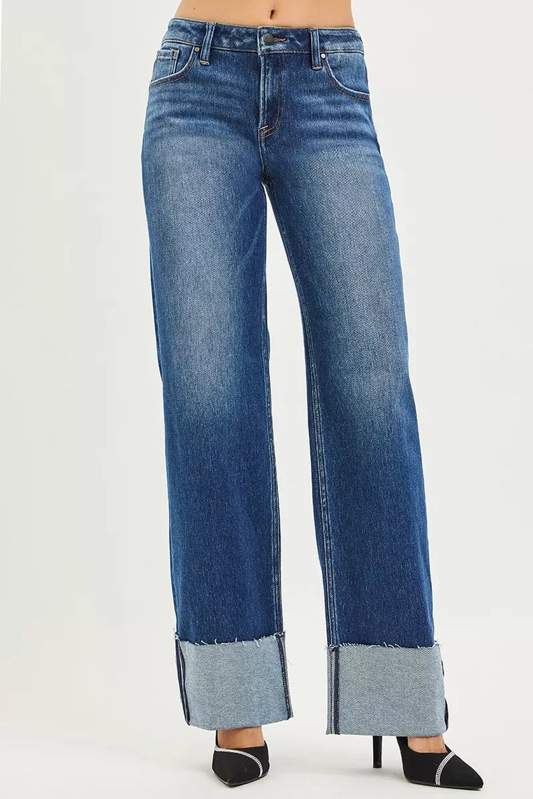 Risen Mid Rise Wide Straight Jeans with Wide Cuff DARK view 3 (bottom) - rise mid jeans, mid rise jeans - shop at us.meeeshop