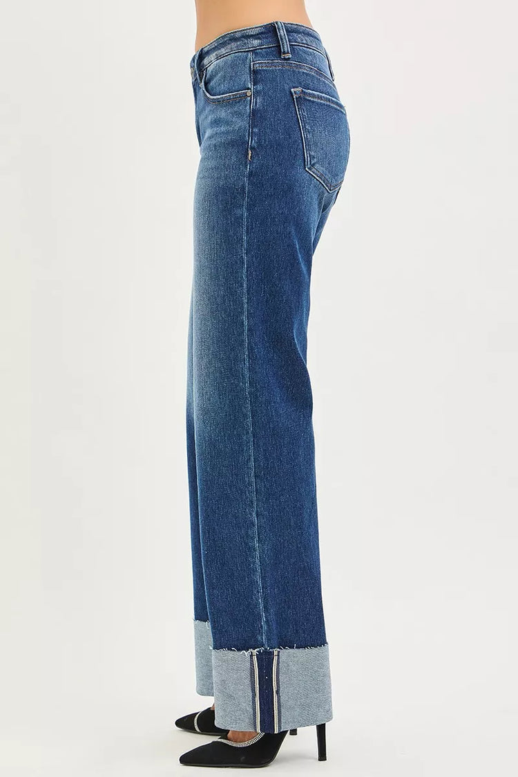 Risen Mid Rise Wide Straight Jeans with Wide Cuff DARK view 4 (bottom) - rise mid jeans, mid rise jeans - shop at us.meeeshop