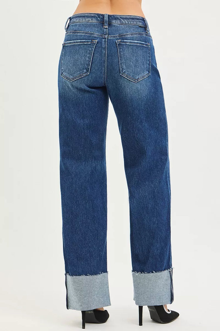 Risen Mid Rise Wide Straight Jeans with Wide Cuff DARK view 5 (bottom) - rise mid jeans, mid rise jeans - shop at us.meeeshop