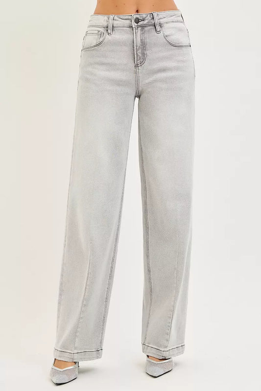 Risen Slouchy Baggy Jeans with Contrast Stitching in LIGHT GREY - Risen Slouchy Denim Shorts (bottom)