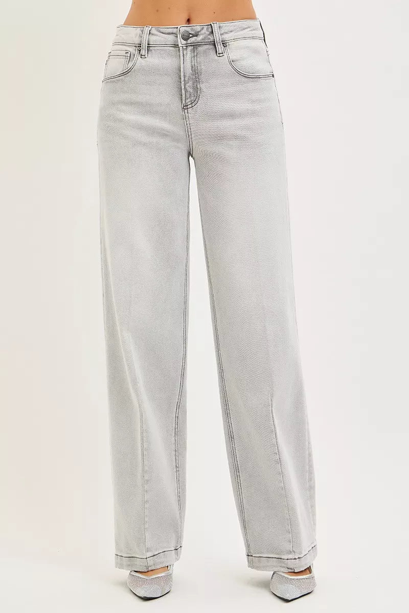 Risen Slouchy Baggy Jeans with Contrast Stitching in LIGHT GREY view 2 - Risen Slouchy Denim Shorts (bottom)