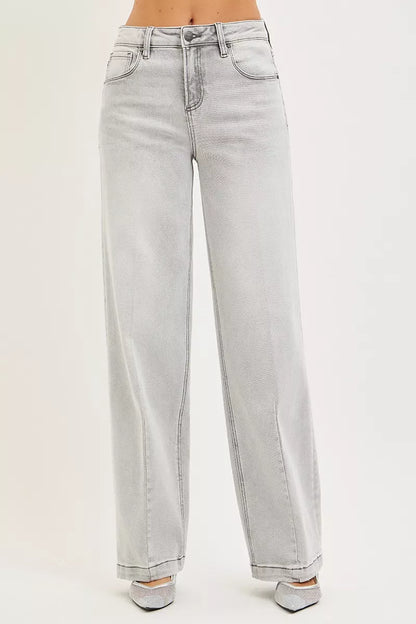 Risen Slouchy Baggy Jeans with Contrast Stitching in LIGHT GREY view 2 - Risen Slouchy Denim Shorts (bottom)