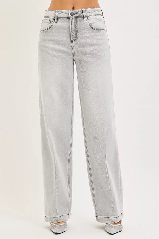 Risen Slouchy Baggy Jeans with Contrast Stitching in LIGHT GREY view 2 - Risen Slouchy Denim Shorts (bottom)