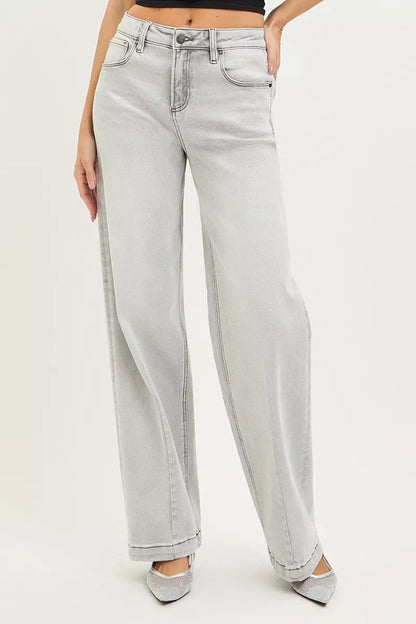 Risen Slouchy Baggy Jeans with Contrast Stitching in LIGHT GREY view 3 - Risen Slouchy Denim Shorts (bottom)