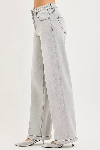 Risen Slouchy Baggy Jeans with Contrast Stitching in LIGHT GREY view 4 - Risen Slouchy Denim Shorts (bottom)